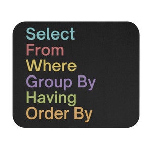 May include: A black mouse pad with the words "Select", "From", "Where", "Group By", "Having", and "Order By" written in different colors.