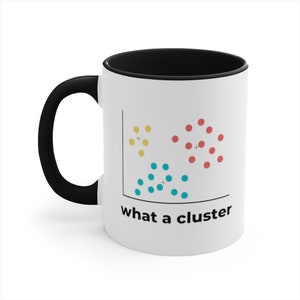 May include: White ceramic mug with a black rim and handle. The mug features a simple scatter plot graph with three clusters of colored dots and the text "what a cluster".