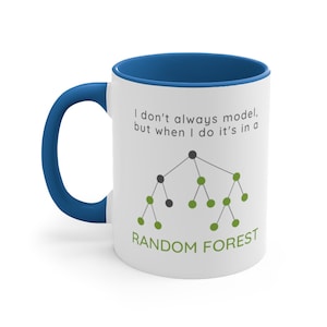 May include: White ceramic coffee mug with a blue rim. The mug features a black and green illustration of a decision tree with the text "I don't always model, but when I do it's in a RANDOM FOREST".