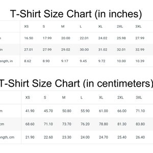May include: A white chart displays T-shirt size measurements in inches and centimeters. The chart includes width, length, and sleeve length for sizes XS to 4XL. Measurements are provided in inches and centimeters.