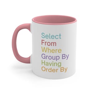 May include: A white ceramic mug with a pink rim and handle. The mug has the words "Select", "From", "Where", "Group By", "Having", and "Order By" printed on it in different colors.