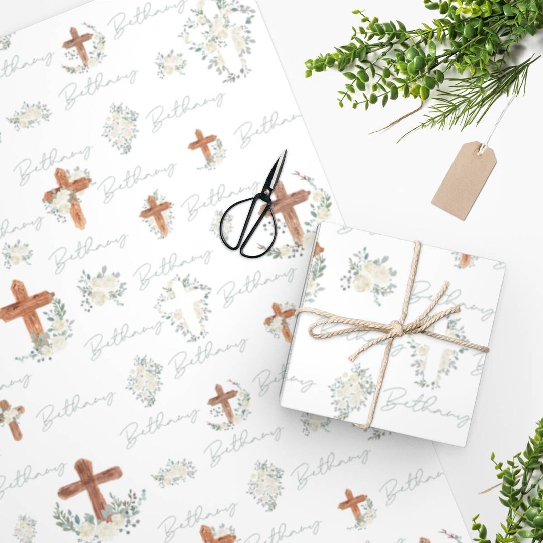 Personalized Baptism Christening Wrapping Paper. Floral Cross Etsy