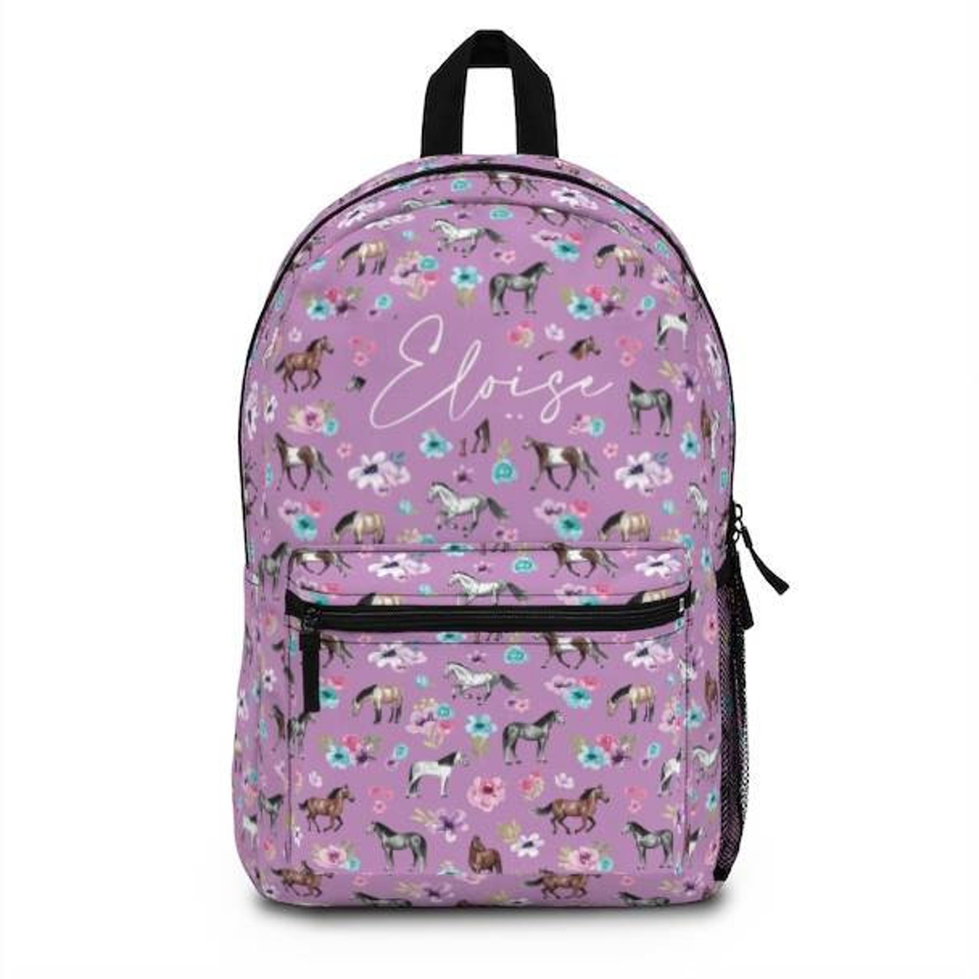 Personalized Purple Floral Horses Backpack. Optional Personalization