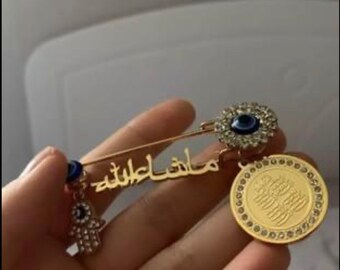 14 carats broche bébé Mashallah en arab , mauvais oeil broche en acier inoxydable  ,Plaquée 14 carats