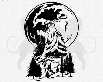 Howling Wolf Svg, Wolf Svg, Mountain Wolf Svg, Wolf Clipart, Wolf Vector, Moon Wolf Svg, Wolf Cricut Cutfile, Wolf Png, Wolf Pack Svg Pdf