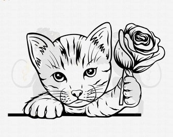 May include: A black and white line drawing of a cat holding a rose. The cat is looking at the viewer with a sweet expression. The rose is a simple design with petals and a stem.