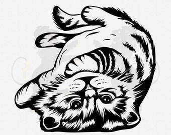 May include: Black and white line art illustration of a cat upside down with its paws in the air. The cat has a cute expression on its face.