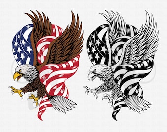 Pode incluir: Um design digital que apresenta uma águia com as asas abertas, segurando uma bandeira americana nas suas garras. A águia é representada tanto a cores como a preto e branco.
