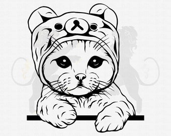 May include: Black and white illustration of a cat wearing a bear hat. The cat has large eyes and whiskers, and is peeking over a black horizontal line. The image includes the text "SVG EPS DXF PDF PNG AI JPG" at the bottom.