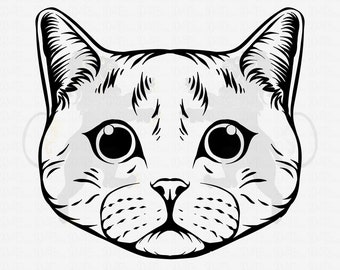 May include: Black and white line art illustration of a cat's face. The cat has large, round eyes and a small, pointed nose.