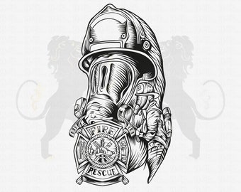 May include: Black and white line art illustration of a firefighter wearing a helmet and breathing apparatus. The firefighter is holding a fire axe and a hose. The illustration includes the words "FIRE" and "RESCUE" in a stylized font.