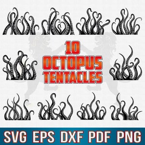 May include: Ten black and white octopus tentacles illustrations. The illustrations are in a variety of poses and are perfect for use in crafts, scrapbooking, or digital design. The text "10 Octopus Tentacles" is written in red and white letters.