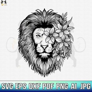 Lion With Flowers Svg, Lion Svg, Lion Flower Svg, Lion Head Svg, Lion Clipart, Lion Cricut, Lion Cut file, Lion Shirt, Lion Face SVG PNG PDF