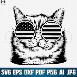 Patriotic Cat Svg, Cat Sunglasses USA Flag Svg, 4TH Of July Svg, Cat with USA Flag Glasses Svg, Cat Svg, Cat Clipart, Cat Vector, Cat Cricut