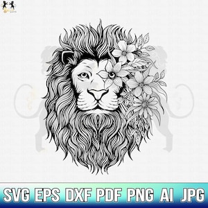 花を持つライオン SVG、ライオン SVG、ライオンの花 SVG、ライオンの頭 SVG、ライオンのクリップアート、ライオンのクリカット、ライオンのカットファイル、ライオンのシャツ、ライオンの顔 SVG PNG PDF