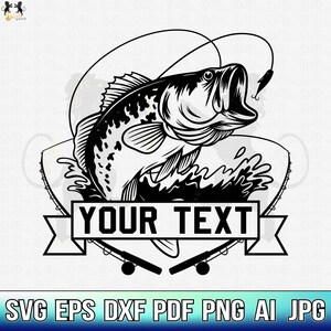 May include: Black and white illustration of a bass fish jumping out of the water with a fishing rod and line. The fish is in front of a banner with the text "YOUR TEXT".