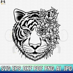 Tiger With Flowers Svg, Tiger Svg, Tiger Flower Svg, Tiger Head Svg, Tiger Clipart, Tiger Cricut, Tiger Cut file, Tiger Shirt,Tiger Face SVG
