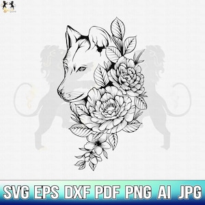 Wolf With Flowers Svg, Wolf Svg, Wolf Flower Svg, Wolf Head Svg, Wolf Clipart, Wolf Cricut, Wolf Cut file, Wolf Shirt, Wolf Face SVG PNG PDF