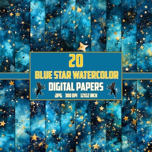 Blauwe gouden ster digitale papieren, aquarel Stardust digitale papier, Galaxy nachtelijke hemel patronen, ster achtergronden, ster naadloze patronen Jpg