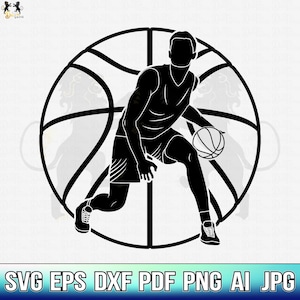May include: Black and white silhouette of a basketball player dribbling a basketball. The player is positioned within a basketball hoop outline.