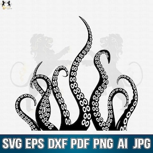 May include: Black and white silhouette of an octopus with multiple tentacles. The tentacles are curled and have a pattern of circles.