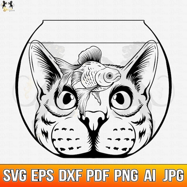 Cat Goldfish Svg, Cat Svg, GoldFish Svg Cat Aquarium Svg, Fishing Cat Svg, Aquarium Svg, Goldfish Svg, Cat Clipart, GoldFish Clipart Png Pdf