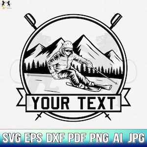Könnte beinhalten: Schwarz-weiß-Illustration eines Skifahrers in einer Berglandschaft. Der Skifahrer trägt einen Helm und eine Jacke. Das Bild ist in einem Kreis mit dem Text "YOUR TEXT" darunter.