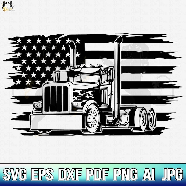 Semi Truck With Flag Svg, Semi Truck Svg, Semi Truck Clipart, Semi Truck Cricut, Semi Truck Cutfile, Semi Truck Shirt, Semi Trailer Svg Png