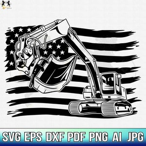 Excavator With Flag Svg, Excavator Svg, Excavator Clipart, Excavator Cricut, Excavator Cutfile, Construction Svg, Heavy Equipment Svg Png