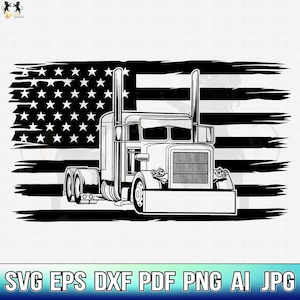 May include: Black and white illustration of a semi-truck in front of a distressed American flag.