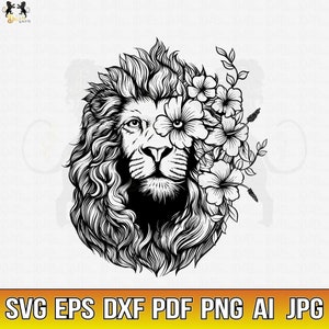 Leão Com Flores Svg, Leão Svg, Flor De Leão Svg, Cabeça De Leão Svg, Clipart De Leão, Cricut De Leão, Arquivo De Corte De Leão, Camisa De Leão, Rosto De Leão SVG PNG PDF