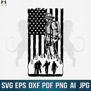 May include: Black and white illustration of a firefighter standing in front of an American flag with flames at the bottom. The firefighter is wearing a helmet and holding an axe. There are three other firefighters in the flames.