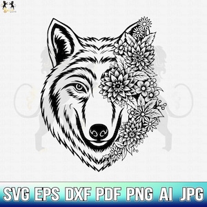 Wolf With Flowers Svg, Wolf Svg, Wolf Flower Svg, Wolf Head Svg, Wolf Clipart, Wolf Cricut, Wolf Cut file, Wolf Shirt, Wolf Face SVG PNG PDF