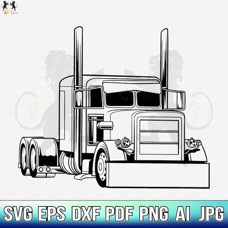May include: A black and white line drawing of a semi-truck. The truck has a large cab with a long hood and two exhaust pipes. The truck has a large front bumper and two headlights. The truck is on a white background.