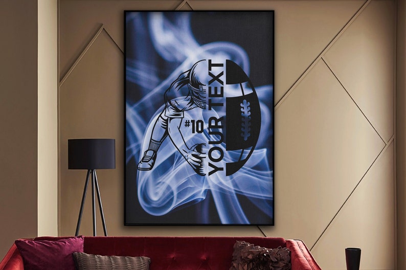 May include: A blue and black digital art print featuring a football player in a dynamic pose with a football. The text "YOUR TEXT" is written vertically on the football. The number "#10" is visible on the player's uniform.