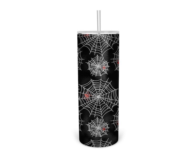 May include: A black and white tumbler with a spiderweb pattern and red spiders. The tumbler has a clear lid and a straw.