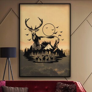 May include: A black and white illustration of a deer standing on a mountain with a full moon in the background. The deer is surrounded by trees and other deer.