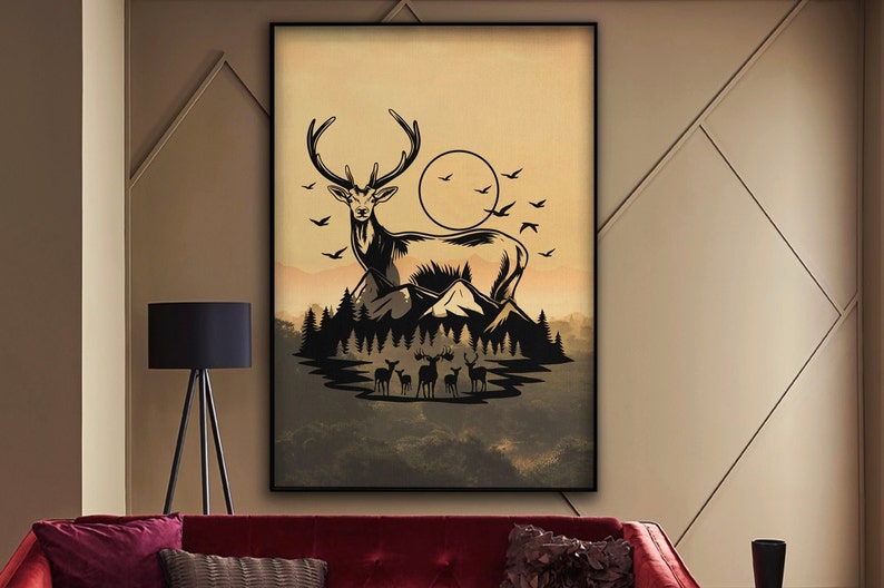 May include: A black and white illustration of a deer standing on a mountain with a full moon in the background. The deer is surrounded by trees and other deer.