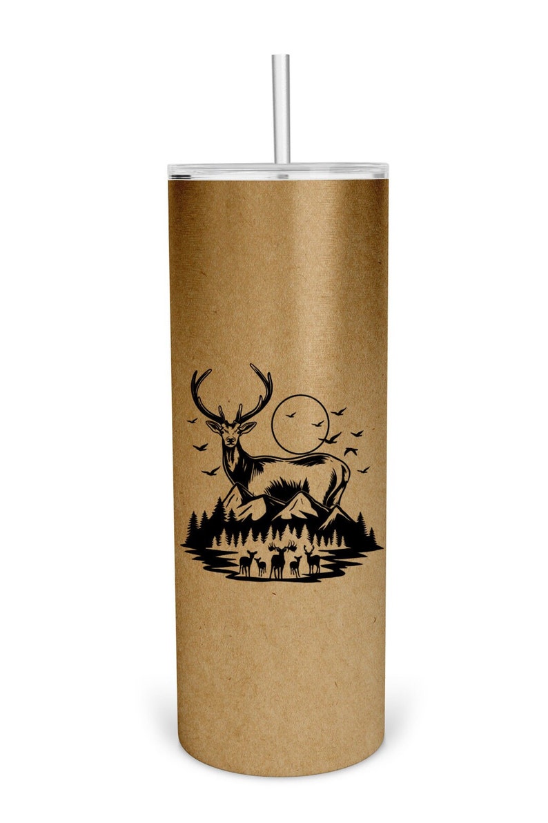 May include: A brown stainless steel tumbler with a black silhouette of a deer standing on a mountain with a full moon in the background. There are smaller deer in the foreground.