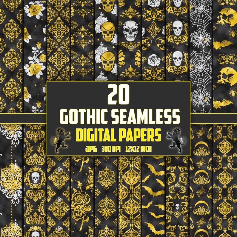 Gold Gothic Digital Paper, Gothic Scrapbook, Gothic Clipart, Halloween ...