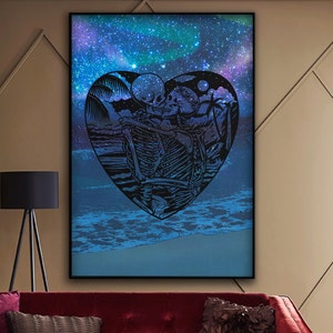 May include: A black and white illustration of two skeletons embracing in a heart shape, set against a blue and purple starry night sky with a beach scene below.