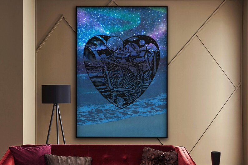 May include: A black and white illustration of two skeletons embracing in a heart shape, set against a blue and purple starry night sky with a beach scene below.