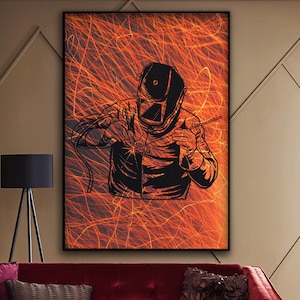 May include: A black and white illustration of a welder wearing a helmet and welding with sparks flying around them. The background is a fiery orange color.