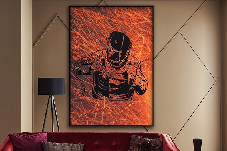 May include: A black and white illustration of a welder wearing a helmet and welding with sparks flying around them. The background is a fiery orange color.