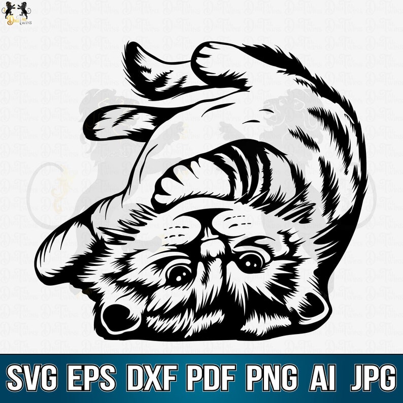 May include: Black and white line art illustration of a cat upside down with its paws in the air. The cat has a cute expression on its face.
