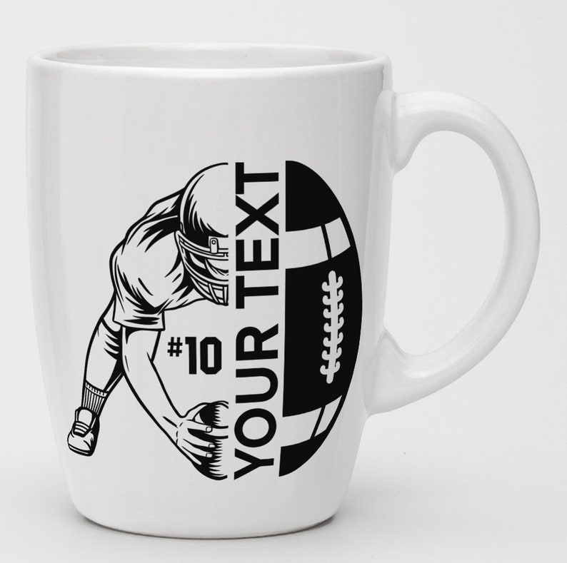 May include: White ceramic mug with a black and white illustration of a football player catching a football. The text "YOUR TEXT" and "#10" are printed on the mug.