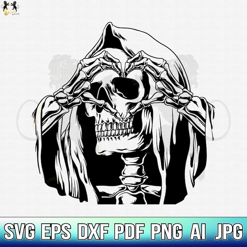 May include: Black and white illustration of a skeleton wearing a hooded robe, making a heart shape with its hands. The skeleton's skull is visible and has a detailed design.