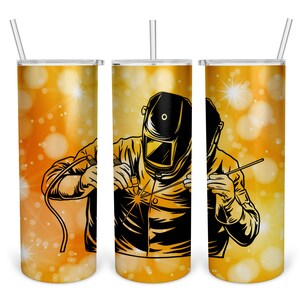 May include: Three stainless steel tumblers with a gold glitter background and a black silhouette of a welder wearing a welding mask and welding.