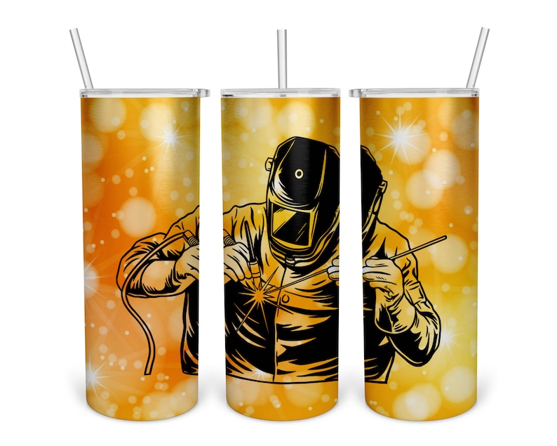 May include: Three stainless steel tumblers with a gold glitter background and a black silhouette of a welder wearing a welding mask and welding.