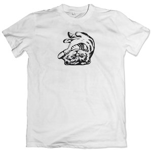 May include: White t-shirt with a black and white illustration of a cat upside down.